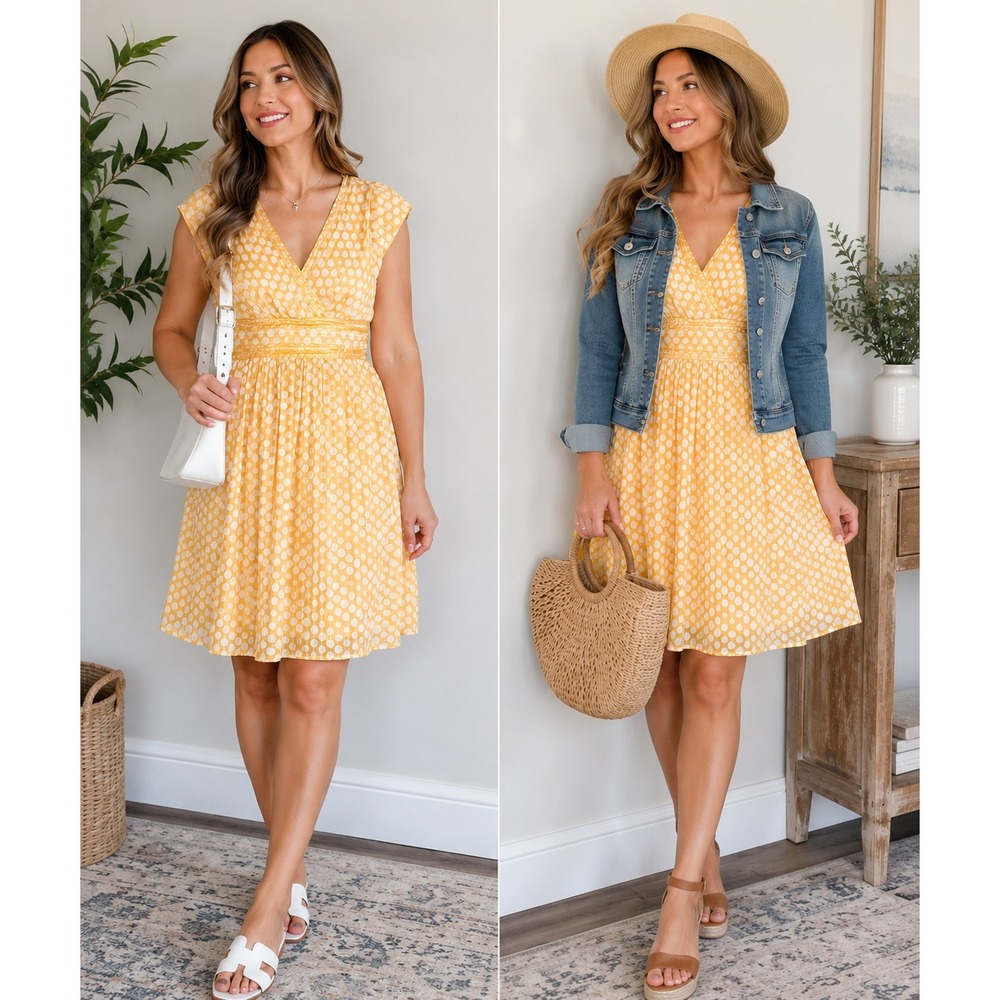 Coldwater Creek Yellow White Polka Dot Empire Waist Fit & Flare Dress Size 10